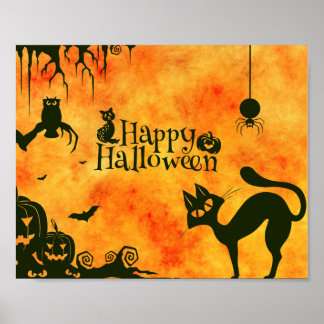 Poster Happy Halloween chat noir, hibou, citrouille