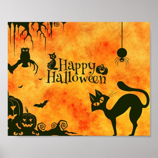 Poster Happy Halloween chat noir, hibou, citrouille (Devant)