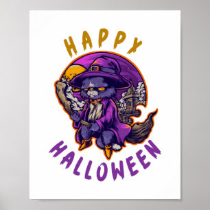Poster Happy Halloween Chat sorcier Halloween