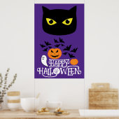 Poster Happy Halloween chauves-chats noirs citrouilles su (Cuisine)
