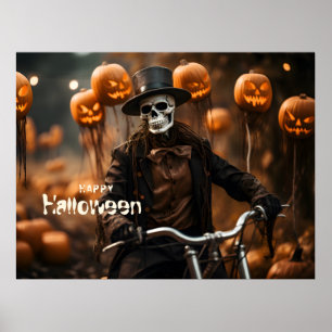 Poster Happy Halloween mignonette squelette et citrouille
