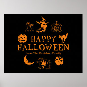 Poster Happy Halloween nom personnalisé noir orange