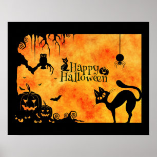 Poster Happy Halloween Silhouette Chat noir et amis
