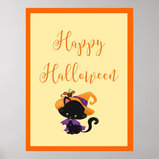 Poster Happy Halloween Witch Kitten Orange Bordure (Devant)