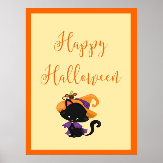 Poster Happy Halloween Witch Kitten Orange Bordure (Devant)