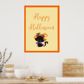 Poster Happy Halloween Witch Kitten Orange Bordure (Cuisine)