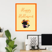Poster Happy Halloween Witch Kitten Orange Bordure (Bureau à domicile)