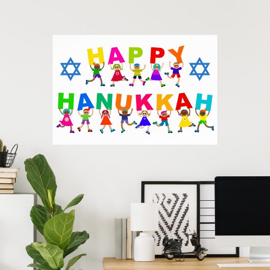 Poster Happy Hanoukka mignon dessin Diverse Kids Texte (Bureau à domicile)