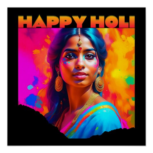 Poster Happy Holi belle femme en bleu (Devant)