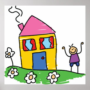 Poster Happy Home Colorful House et Stick Figure
