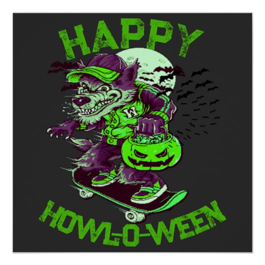 Poster Happy Howl-o-ween Wolf équitation sur skateboard (Devant)