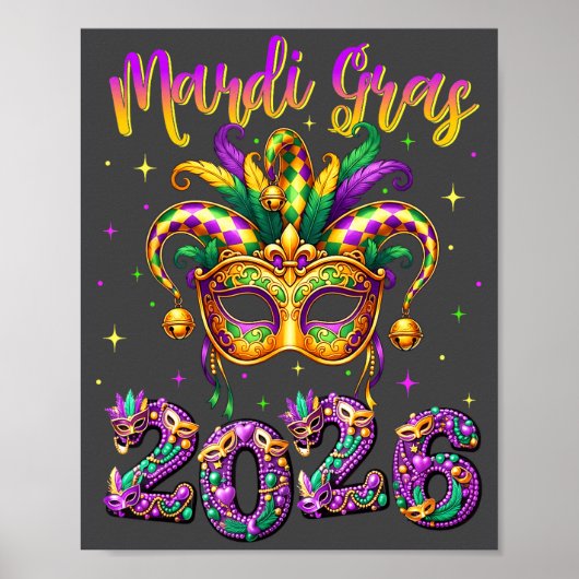 Poster Happy Mardi Gras Carnival 2026 Jester Hat Men Wome (Devant)