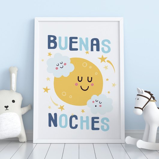 Poster Happy Moon and Stars Nursery Art en espagnol Poste