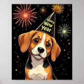 Poster Happy New Year 2025 Eve Firework Dog Funny Beagle (Devant)