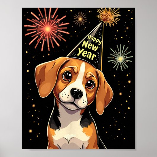 Poster Happy New Year 2025 Eve Firework Dog Funny Beagle (Devant)