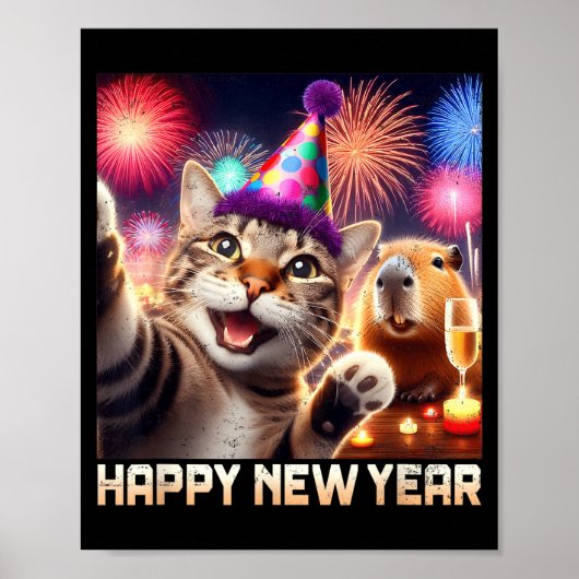 Poster Happy New Year 2026 Cute Cat Capybara Party Art  (Devant)