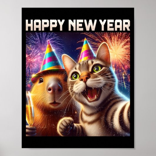 Poster Happy New Year 2026 Cute Cat Capybara Party Art (Devant)