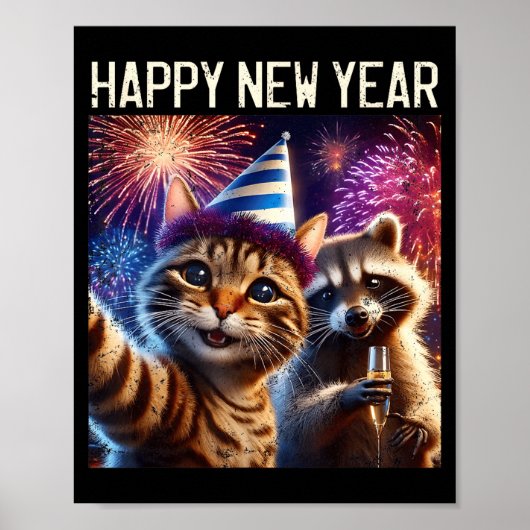 Poster Happy New Year 2026 Cute Cat Raccoon Celebration  (Devant)