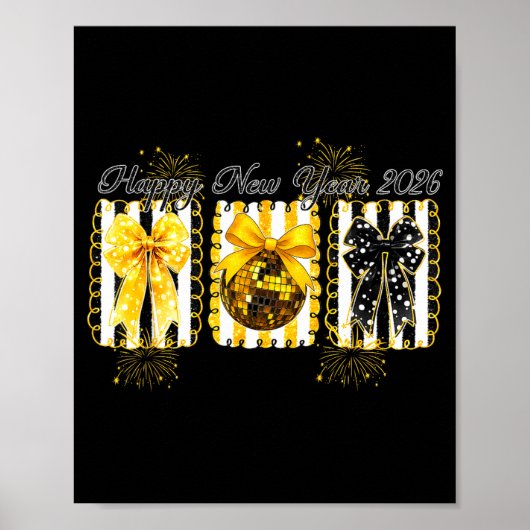 Poster Happy New Year 2026 Disco Ball Gold Coquette Bow F (Devant)