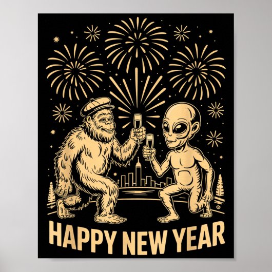 Poster Happy New Year 2026 Funny Bigfoot And Alien Lovers (Devant)