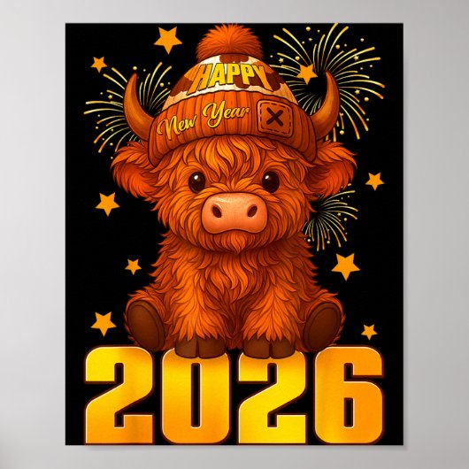 Poster Happy New Year 2026 Highland Cow & Party Hat N (Devant)
