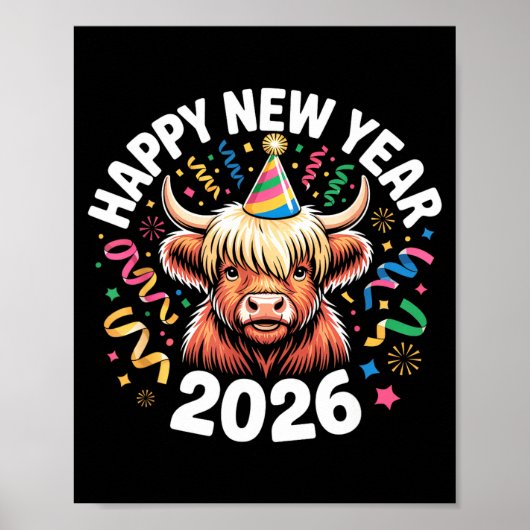 Poster Happy New Year 2026 Highland Cow &amp; Party Hat N (Devant)