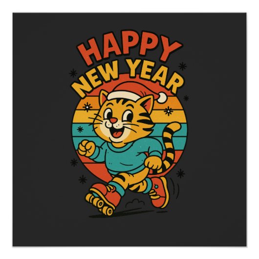 Poster Happy New Year Cat - Cute 80s Cartoon Skating   (Devant)