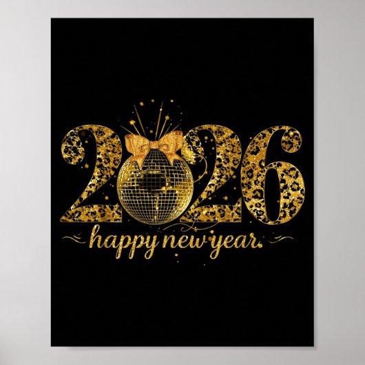 Poster Happy New Year Cute Gold Disco Ball Bow New Year's (Devant)
