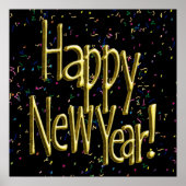 Poster Happy New Year - Gold Text on Black Confetti (Devant)