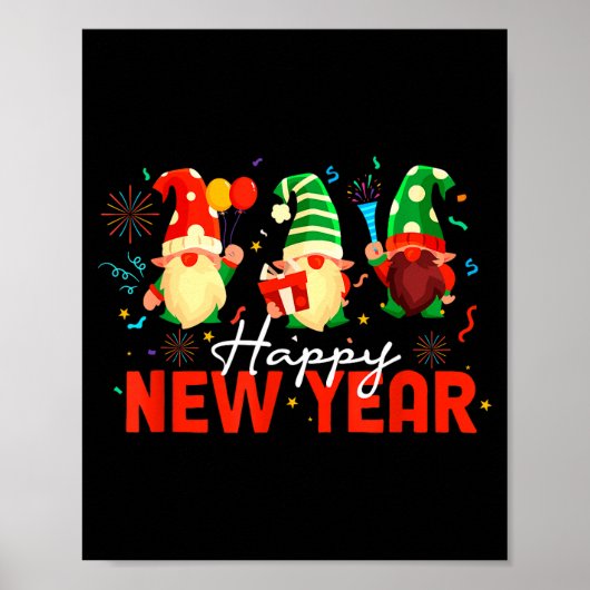 Poster Happy New Year Three Gnomes Fireworks Confetti Nye (Devant)
