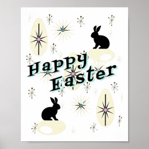 Poster Happy Pâques Rétro Mi-Siècle Style Moderne Bunny