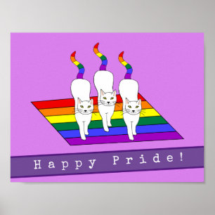 Poster Happy Pride LGBT Cats With Rainbow Flag