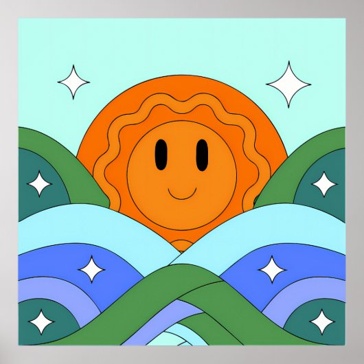 Poster Happy Retro Sun Over Rolling Hills (Devant)