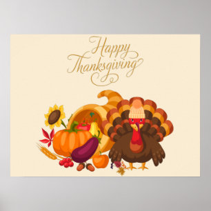 Poster Happy Thanksgiving Cute Turkey, Horn of Plenty 