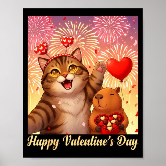 Poster Happy Valentines 2026 Cute Cat Capybara Party Art  (Devant)