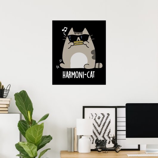 Poster Harmoni cat Funny Harmonica Cat Pun Dark BG (Bureau à domicile)
