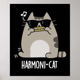 Poster Harmoni cat Funny Harmonica Cat Pun Dark BG