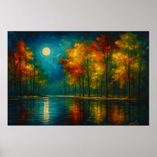 Poster Harmonie au Clair de Lune - Arbres Colorés et Eaux