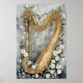 Poster harpe ornementale entourée de fleurs blanches (Devant)