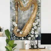 Poster harpe ornementale entourée de fleurs blanches (Bureau à domicile)
