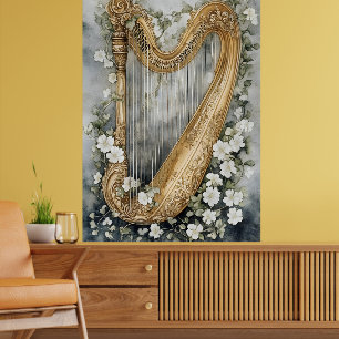 Poster harpe ornementale entourée de fleurs blanches