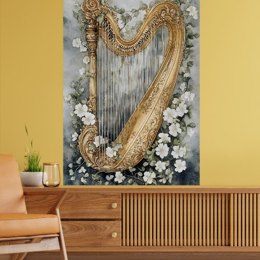 Poster harpe ornementale entourée de fleurs blanches (Salon 2)