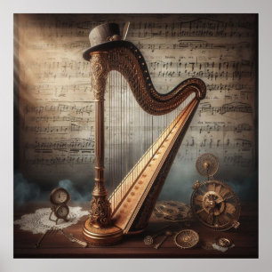 Poster Harpe Steampunk = Arrière - plan Sheetmusic