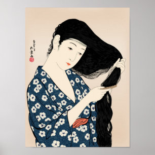 Poster Hashiguchi Goyo - Une femme en bleu qui monte ses 