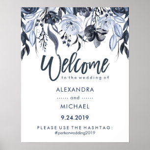 Poster Hashtag mariage Welcome   Flore bleu foncé