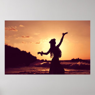 Poster Hawaï, silhouette de fille hula au coucher du sole