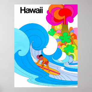 Poster Hawaï, surf sur la grande vague, illustration des 