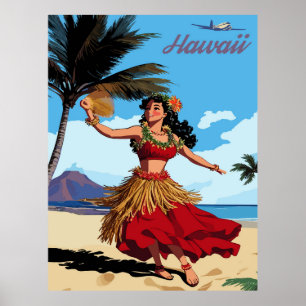 Poster Hawaii, fille de hula dansant à la plage, voyage