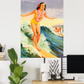 Poster Hawaii, fille de surfer hawaïenne sur une grande v (Bureau à domicile)