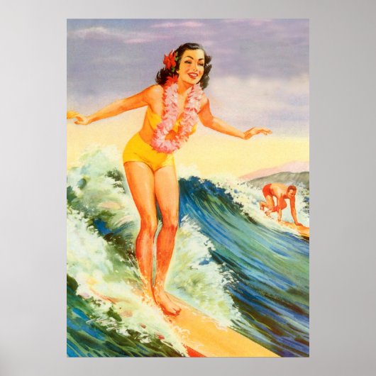 Poster Hawaii, fille de surfer hawaïenne sur une grande v (Devant)